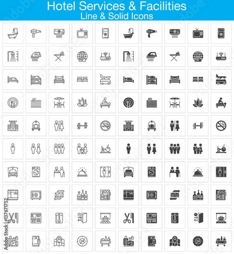 Hotel services and facilities line and solid icons set, outline and filled vector symbol collection, linear and full signs pack. Set includes icons as hotel, bed, reception, safe, tv, pool, key, map