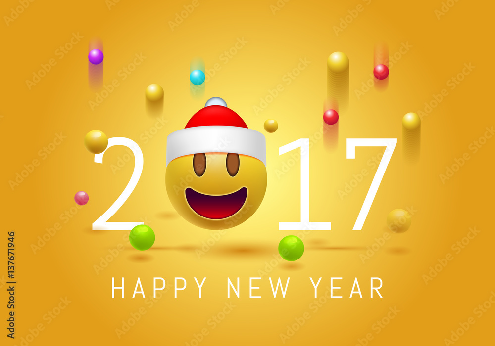 Happy New year 2017 with cute smiling emoji face with a Santa Claus hat. 3d  Smiley