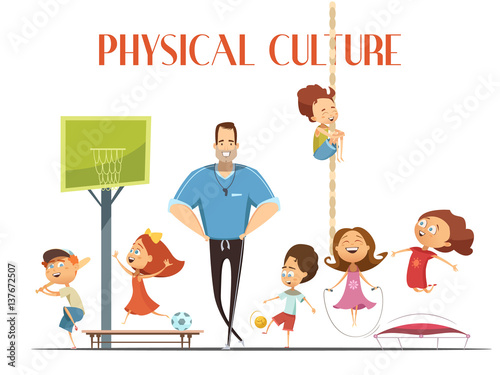 Physical Culture Lesson Retro cartoon Illustration 