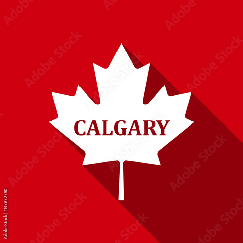 Canadian maple leaf with city name Calgary flat icon with long shadow. Vector Illustration