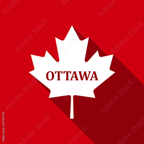 Canadian maple leaf with city name Ottawa flat icon with long shadow. Vector Illustration