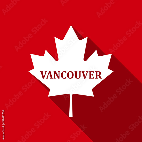 Canadian maple leaf with city name Vancouver flat icon with long shadow. Vector Illustration