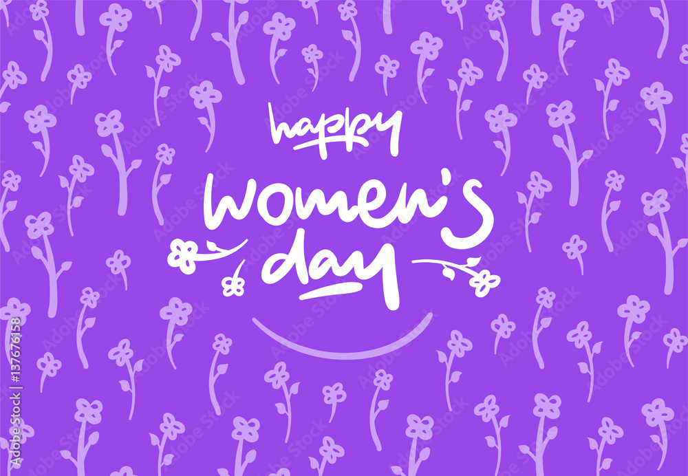 Obraz premium Happy womens day lettering vector logo postcard with flowers in background