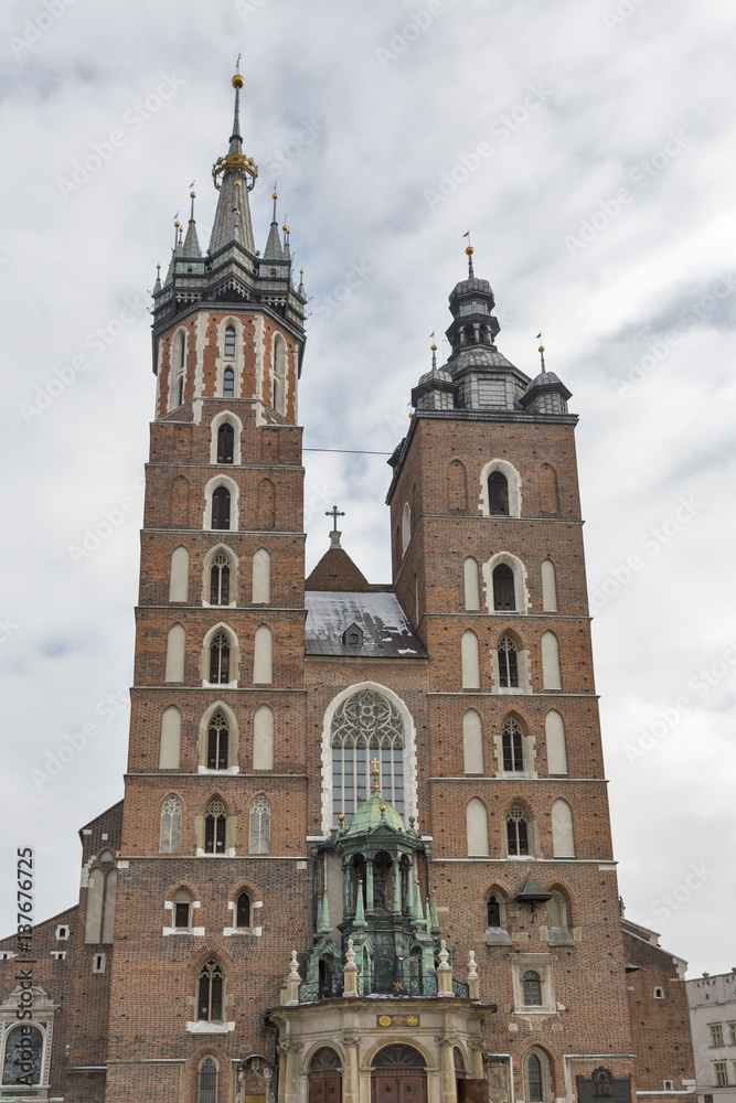 St. Mary gothic church facade in Krakow, Poland