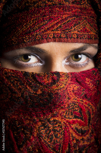 Tableau sur toile Beautiful arabian woman in color ornamented yashmak