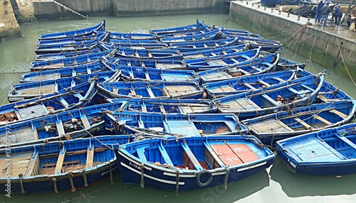 Old blue ships parked in order in the port of Essaouira, Morocco