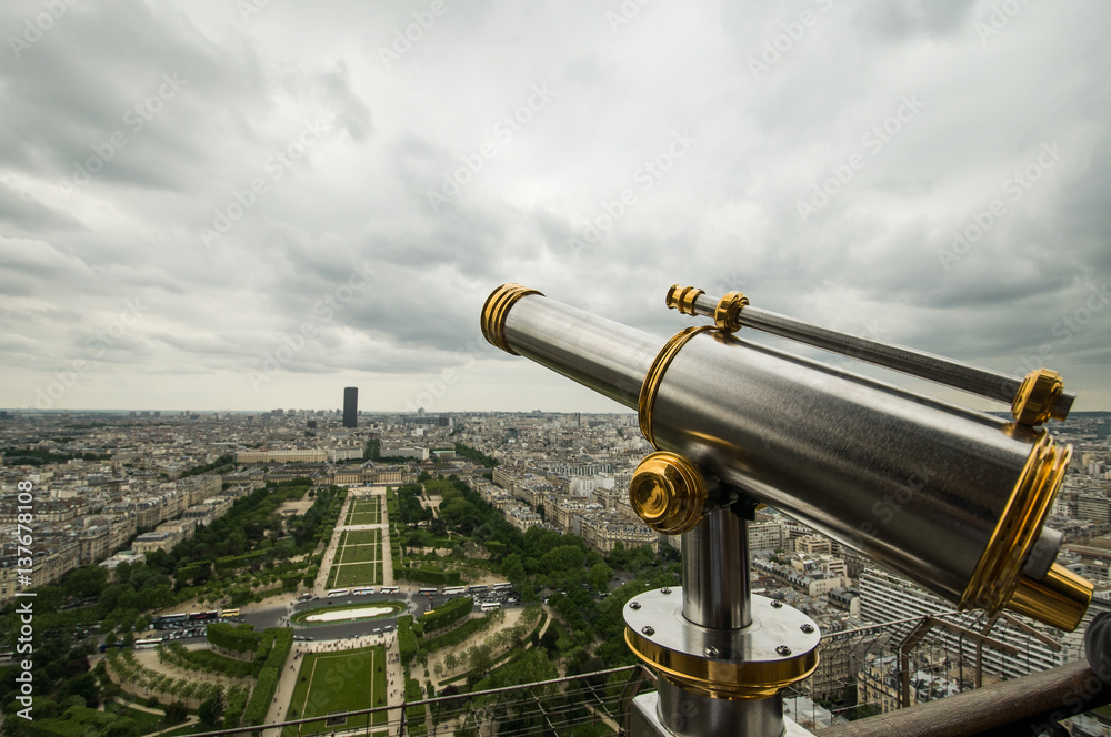 Binoculars at viewpoint on the top of Eiffel Tower Paris, France