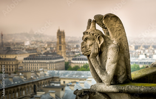 Chimera (gargoyle) of the Cathedral of Notre Dame de Paris overlooking Paris, France © zinaidasopina112
