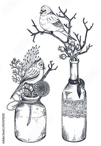 Bouquets with hand drawn flowers, plants, birds in vases and jars.