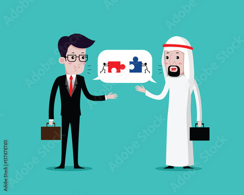 Businessman talks to business cooperation with Arab businessmen. vector cartoon