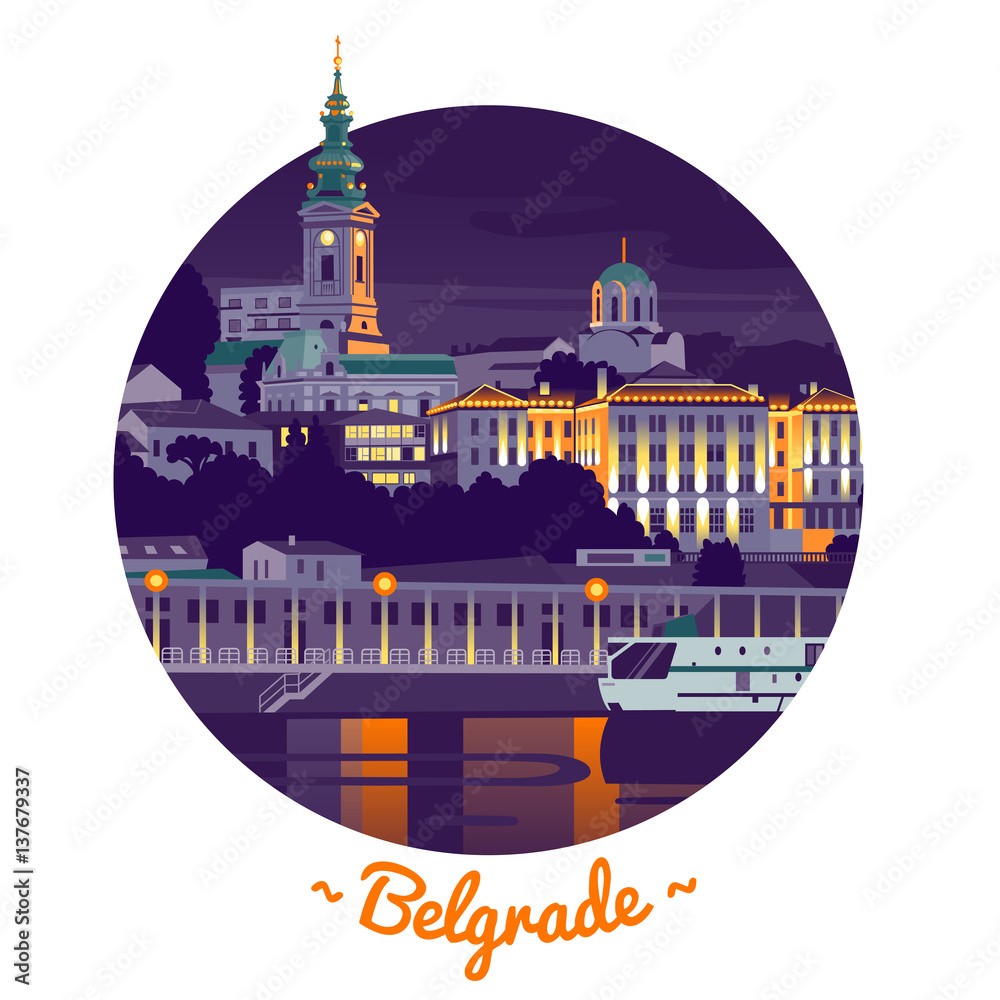 Night Belgrade flat vector illustration in circle  