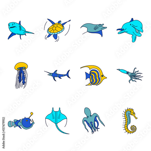 Sea world creatures and fish flat icons set on background