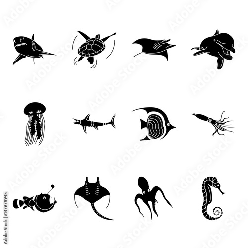 Sea world creatures and fish silhouette icons set on background