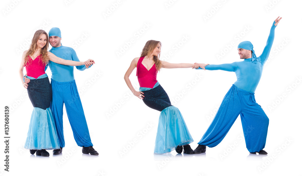 Pair of dancers dancing modern dance isolated on white