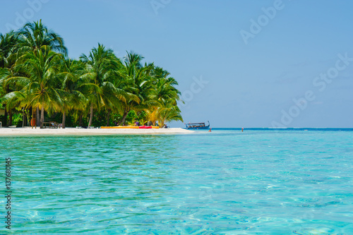 Beautiful view of caribbean sea and Palm Tree tropical island - Boost up color Processing.