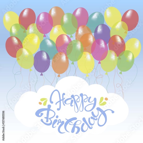 Congratulation card with blue lettering Happy Birthday on white, bright ballons on blue sky stock vector illustration