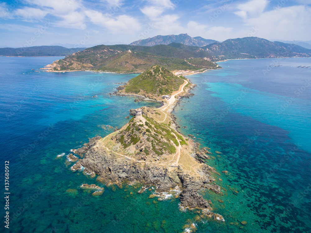 Aerial view of Sanguinaires bloodthirsty Islands in Corsica, France