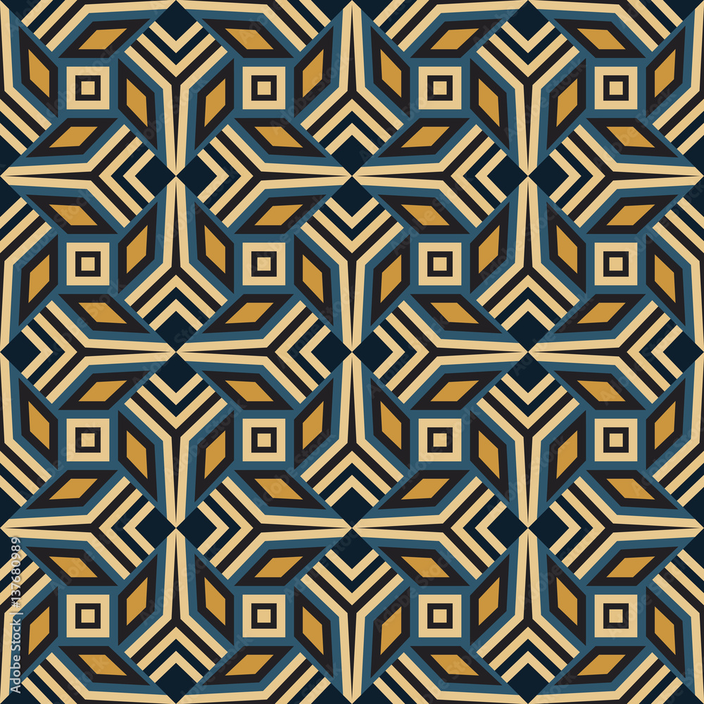 Seamless geometrical pattern of blue, beige, orange, and black shades
