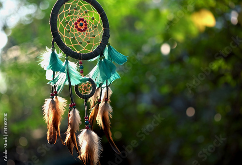 Картината върху платно Soft focus dream catcher blue coral and natural bokeh background selective focus and blurry