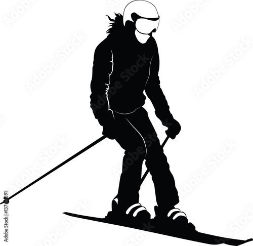 Black-and-white silhouette of the skier going down the hill - vector