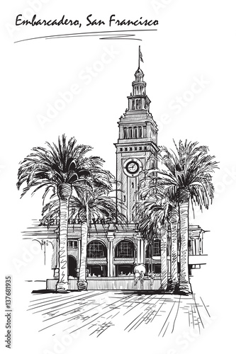 Panorama of the Embarcadero ferry building in San Francisco and palm tree alley. Cityscape, urban hand drawing. Sketch isolated on white background. EPS10 vector illustration.