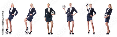 Fototapeta Naklejka Na Ścianę i Meble -  Businesswoman with football on white