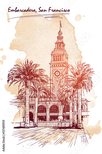 Panorama of the Embarcadero Ferry building in San Francisco and palm tree alley. Cityscape, urban hand drawing. Sketch on grunge spot background. EPS10 vector illustration.