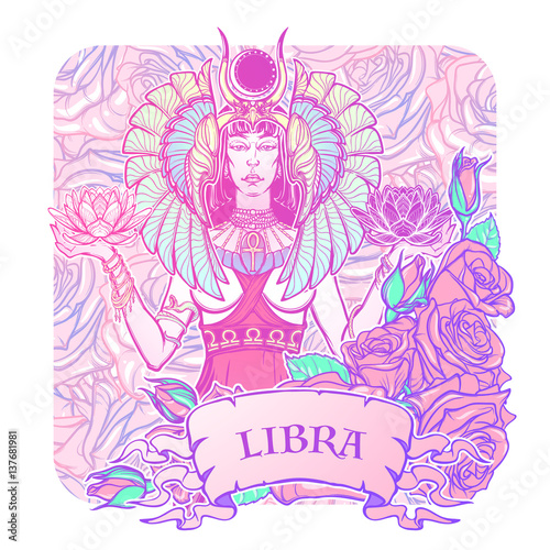 Zodiac sign Libra. Egyptian goddess Isis balancing in hands black and white lotus as a symbol of equilibrium. Vintage art nouveau style concept art for horoscope or birthday card. EPS10 vector