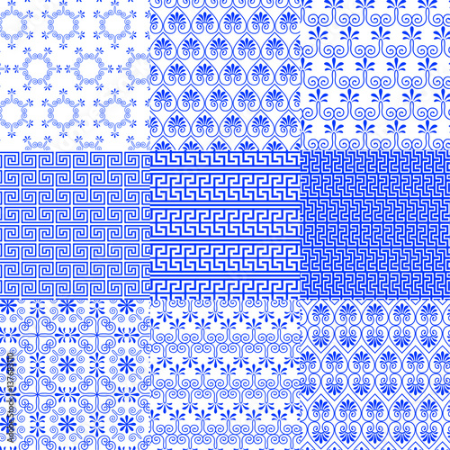 Vector collection of Greek traditional and modern seamless patterns for decoration background, textile, fashion design. Set of geometric ornaments in blue and white colors