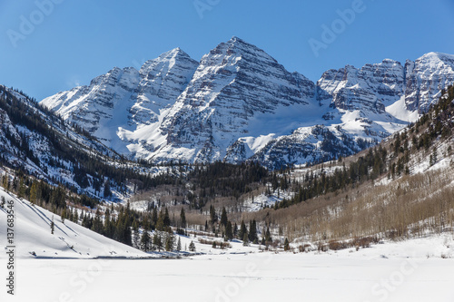 Maroon Bells Mountains on a Sunny Winter Day