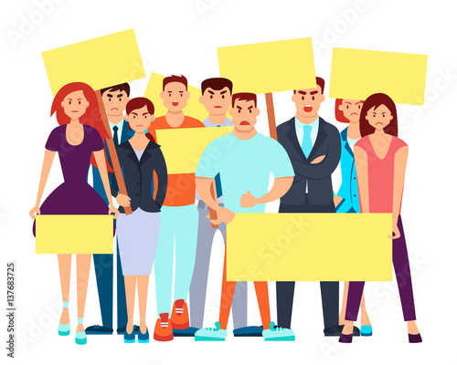 Group of angry people with placards protested. Vector illustration