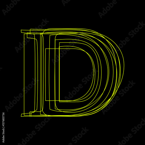 Vector sign linear fluorescent letter D,  green light on black background
