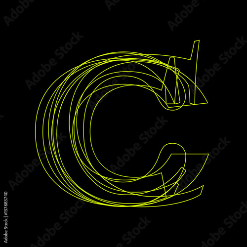 Vector sign linear fluorescent letter C,  green light on black background