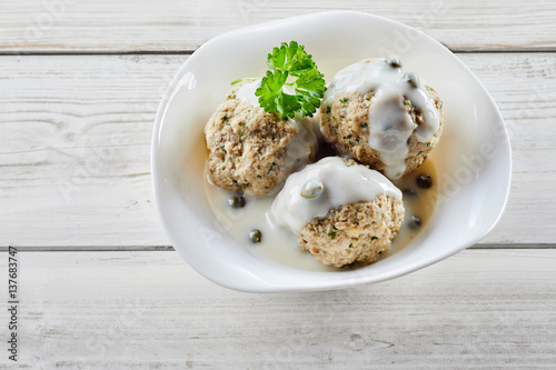 Overhead view of traditional german meatballs photo