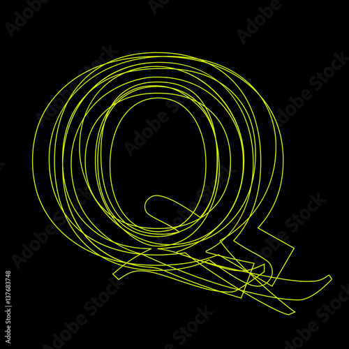 Vector sign linear fluorescent letter Q,  green light on black background