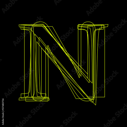 Vector sign linear fluorescent letter N,  green light on black background