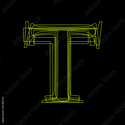 Vector sign linear fluorescent letter T,  green light on black background
