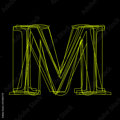 Vector sign linear fluorescent letter M,  green light on black background
