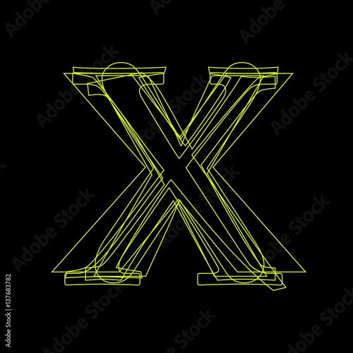 Vector sign linear fluorescent letter X,  green light on black background