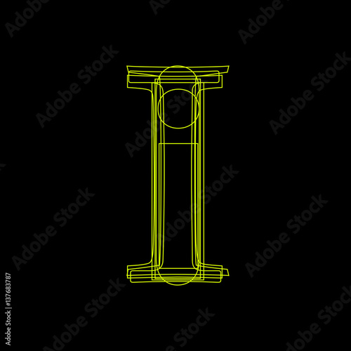 Vector sign linear fluorescent letter I,  green light on black background