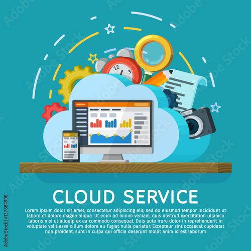 Cloud computing services banner in flat style. Networking communication and data icons. Data provision and cloud computing services. Syncing between a desktop computer and a mobile device.