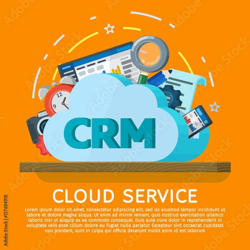 Cloud computing services banner in flat style. Networking communication and data icons. Data provision and cloud computing services. Online CRM Software. Data protection, security, privacy.