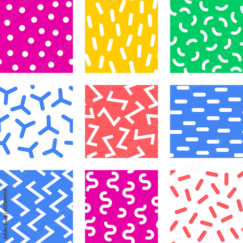 Geometric abstract seamless pattern. Simple motif background collection. Colorful decoration design. Trendy memphis style illustration
