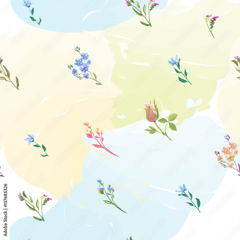 Vector square floral seamless pattern with blue, pink, red flowers and buds: rose, forget-me-not, stems and leaves on colorful watercolor background, digital draw, decorative illustration, EPS 8 Vector square floral seamless pattern with blue, pink, red flowers and buds: rose, forget-me-not, stems and leaves on colorful watercolor background, digital draw, decorative illustration, EPS 8