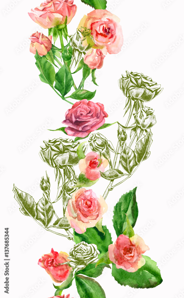 Vertical Roses Border Floral border with roses, vertical seamless pattern for frame, pink ...