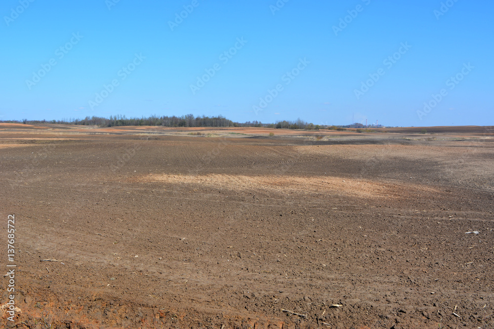 beautiful spring landscape: vsphannoe field on a background of blue sky, agriculture, earth, nature, countryside 