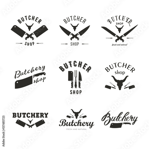 Big set of butchery logo templates. Butchery labels with sample text. Butchery design elements and farm animals silhouettes for groceries, meat stores, packaging and advertising.
