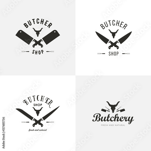 Set of butchery logo templates. Butchery labels with sample text. Butchery design elements and farm animals silhouettes for groceries, meat stores, packaging and advertising.