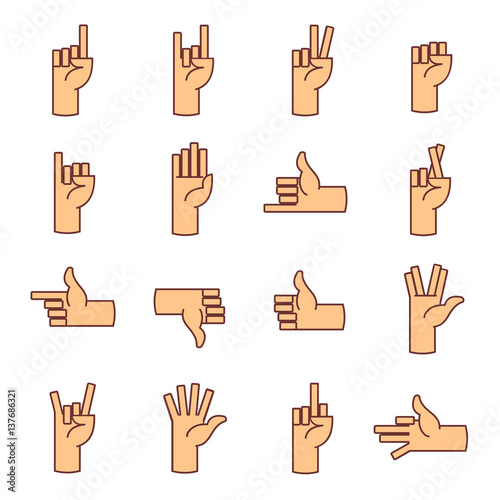Set of hand gestures in modern thin line style. Vector illustration. Isolated on white background.