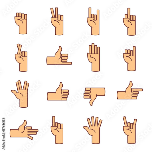 Set of hand gestures in modern thin line style. Vector illustration. Isolated on white background.